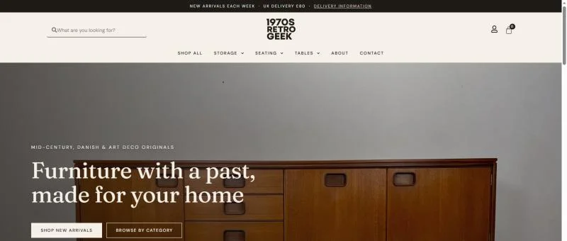 1970s Retro Geek website homepage showing a mid-century teak sideboard