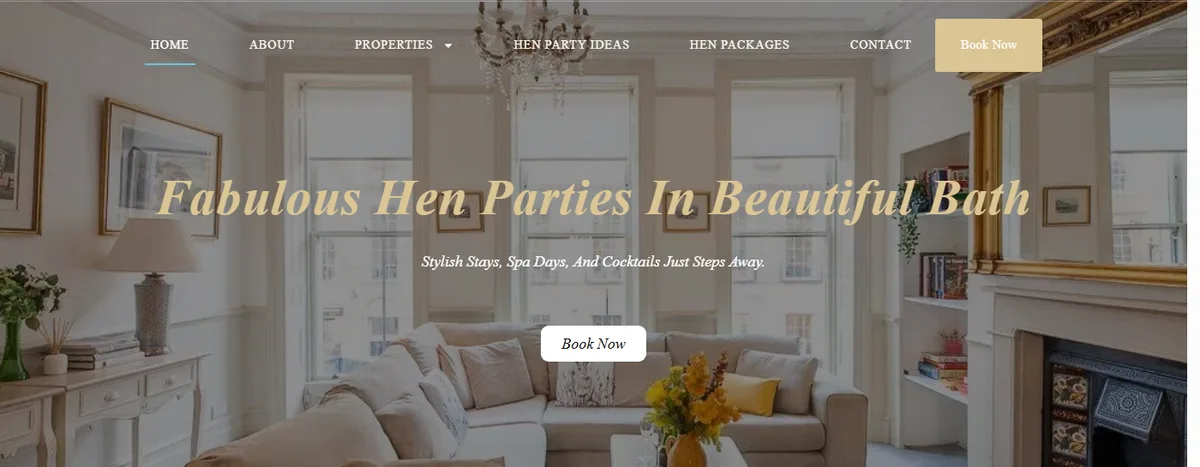 Bath Spa Hens website hero showing a Georgian living room with the hen-party headline