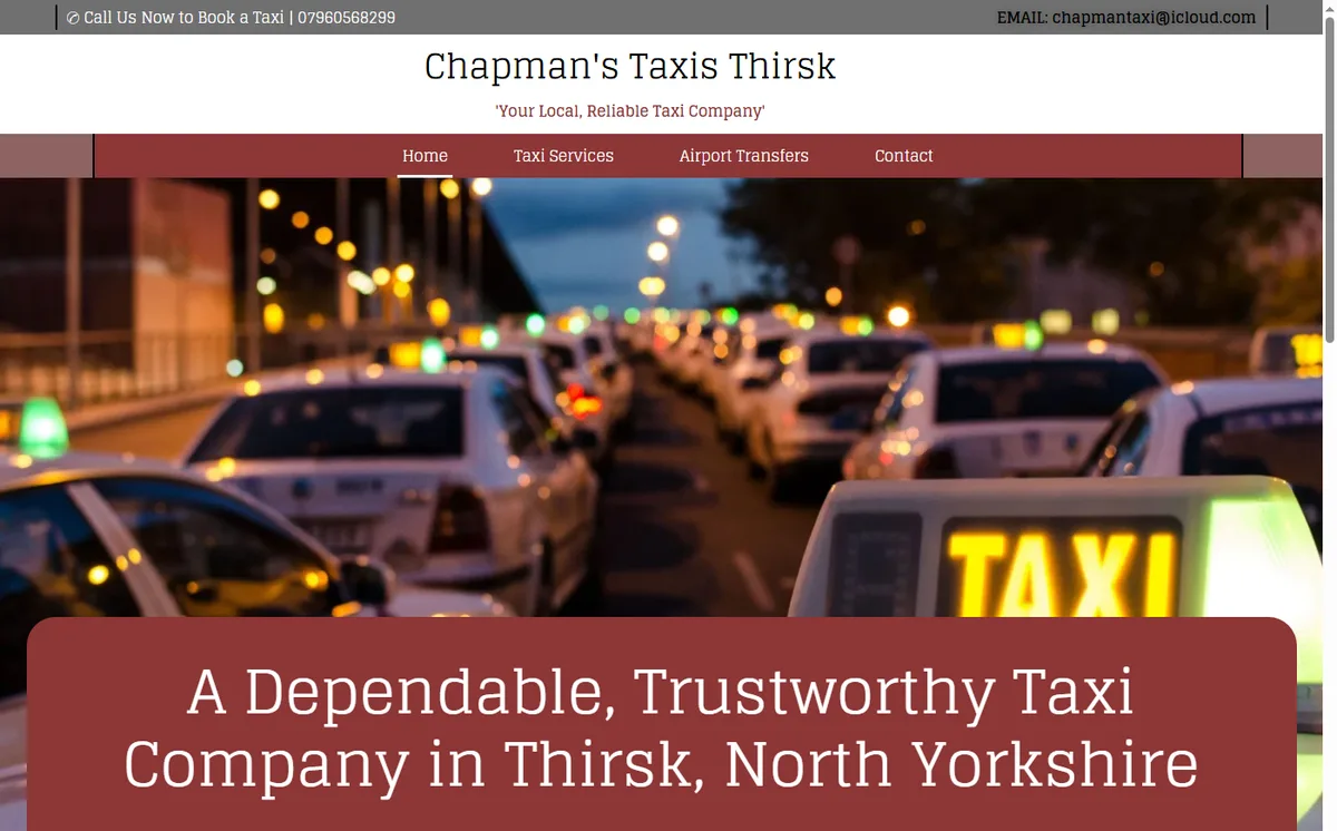 Chapman's Taxis website homepage showing a row of taxis at night