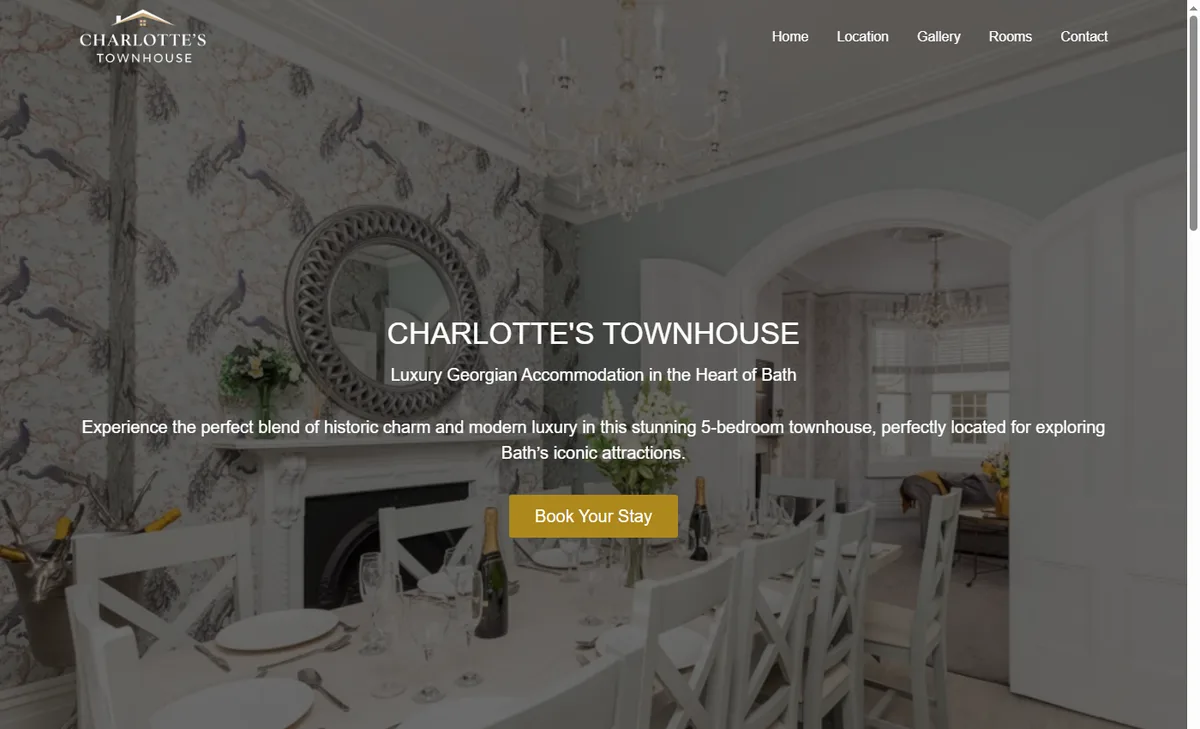 Charlotte's Townhouse website hero showing the dining room interior