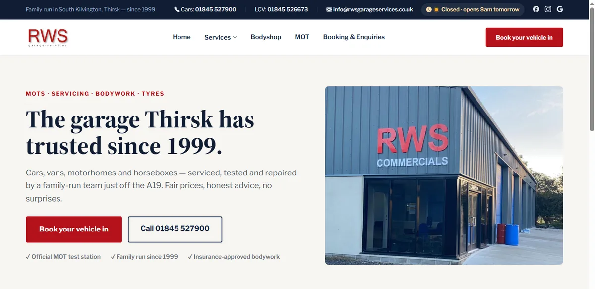 RWS Garage Services website hero showing the garage building exterior