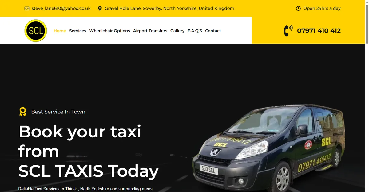 SCL Taxis website hero showing the branded taxi vehicle