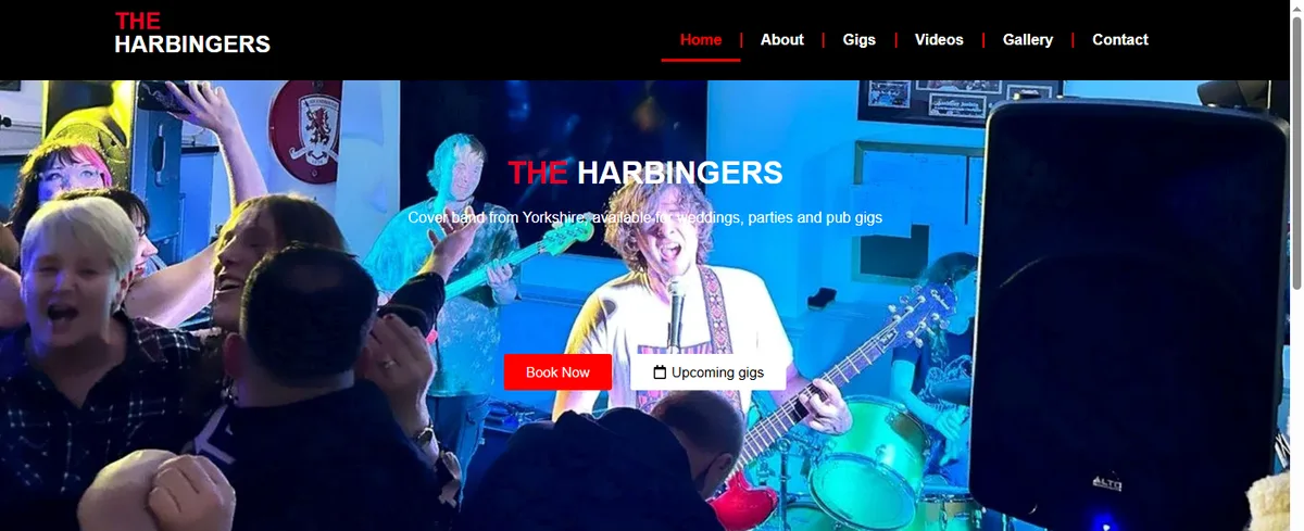 The Harbingers website hero showing the band performing live